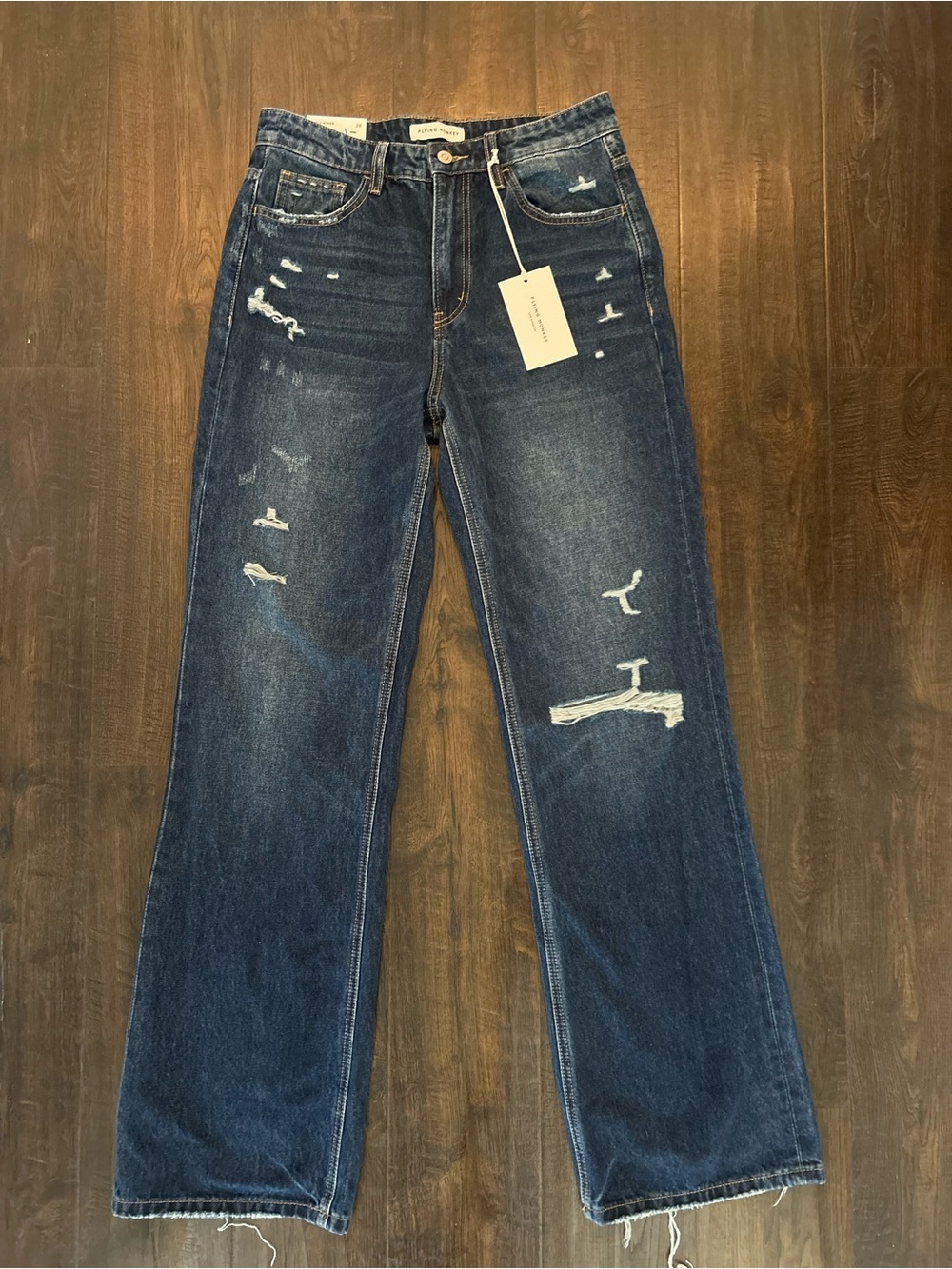 Flying Monkey Distressed Wide-Leg Jeans in Dark Blue
